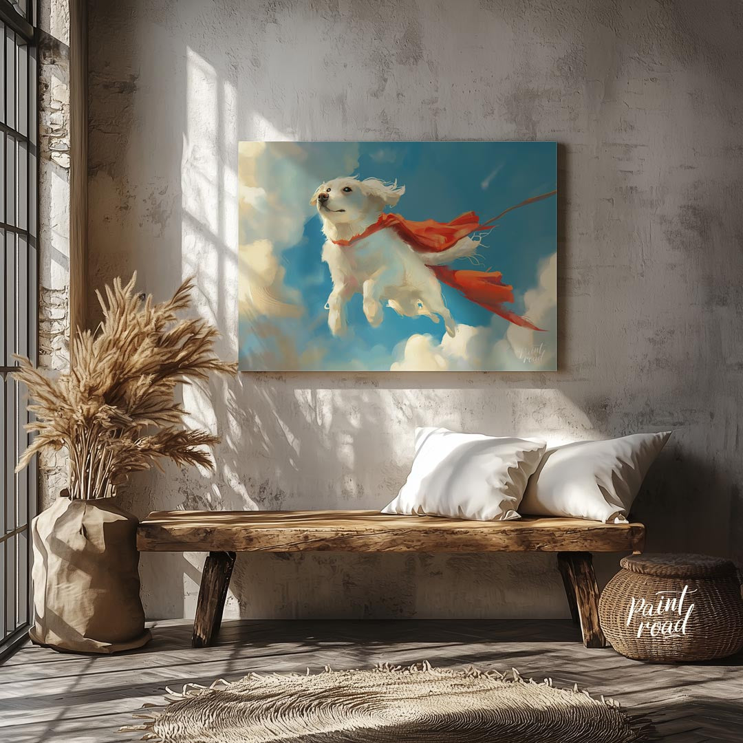 This endearing digital painting portrays a fluffy white dog, resembling a Golden Retriever puppy, g… for living room