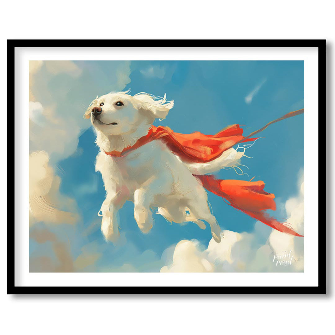 This endearing digital painting portrays a fluffy white dog, resembling a Golden Retriever puppy, g… for place