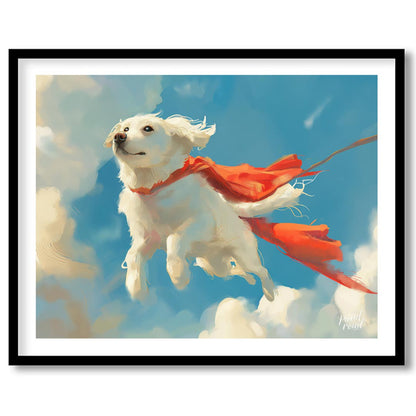 This endearing digital painting portrays a fluffy white dog, resembling a Golden Retriever puppy, g… for place