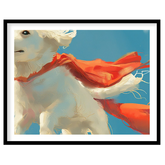 This endearing digital painting portrays a fluffy white dog, resembling a Golden Retriever puppy, g… for place