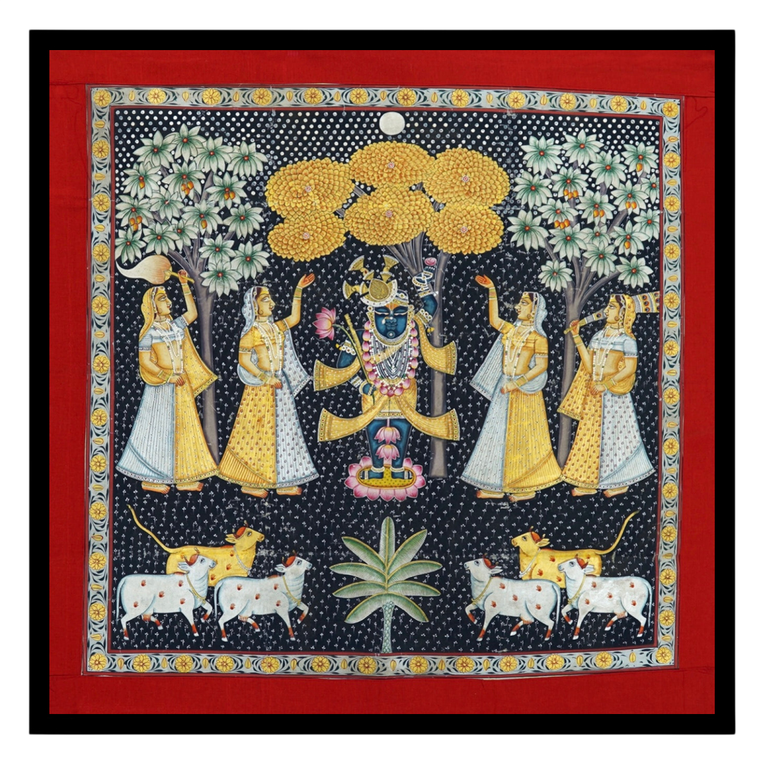 This exquisite Pichwai painting captures the divine presence of Shrinathji amidst a serene for area