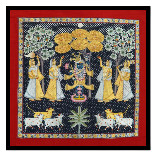 This exquisite Pichwai painting captures the divine presence of Shrinathji amidst a serene for area