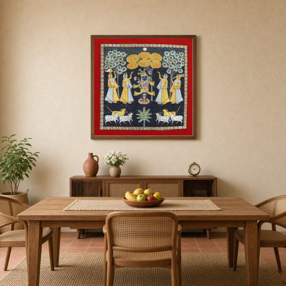 This exquisite Pichwai painting captures the divine presence of Shrinathji amidst a serene for Dining