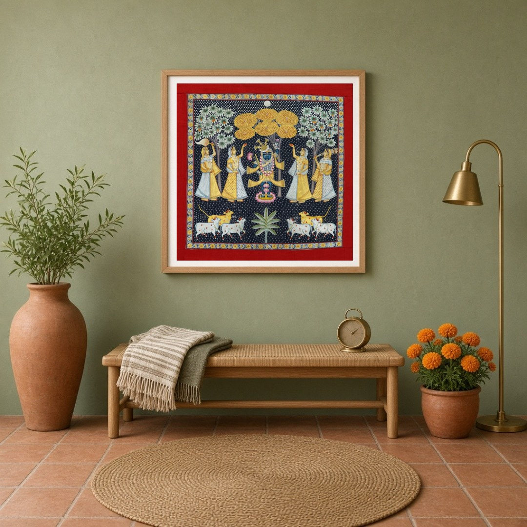 This exquisite Pichwai painting captures the divine presence of Shrinathji amidst a serene for Entrance