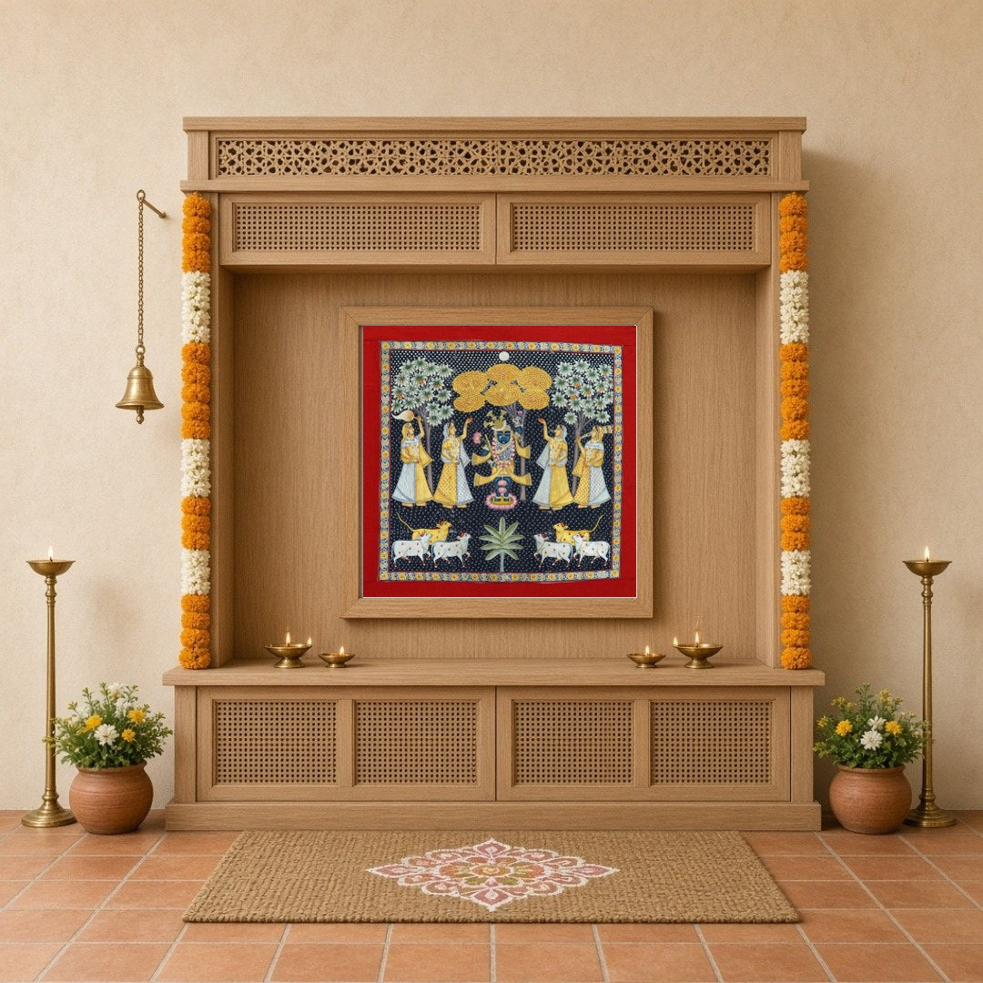 This exquisite Pichwai painting captures the divine presence of Shrinathji amidst a serene for Home Temple