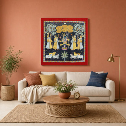 This exquisite Pichwai painting captures the divine presence of Shrinathji amidst a serene for Living Room