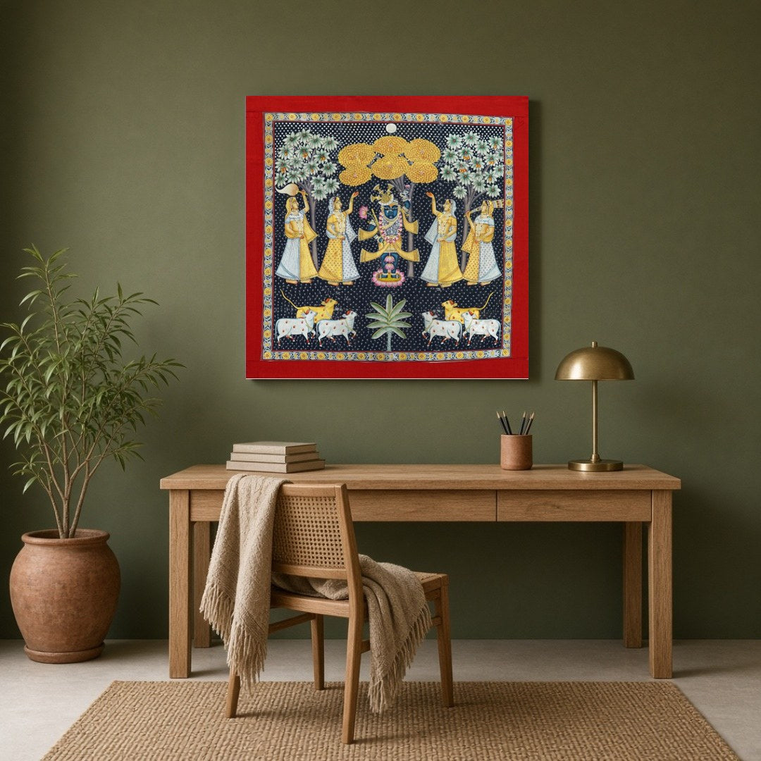 This exquisite Pichwai painting captures the divine presence of Shrinathji amidst a serene for Study