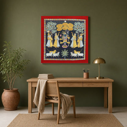 This exquisite Pichwai painting captures the divine presence of Shrinathji amidst a serene for Study