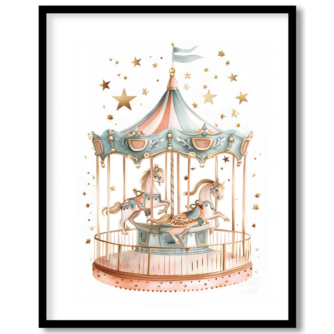 This enchanting illustration showcases a beautifully detailed carousel, complete with two gracefull… for abode