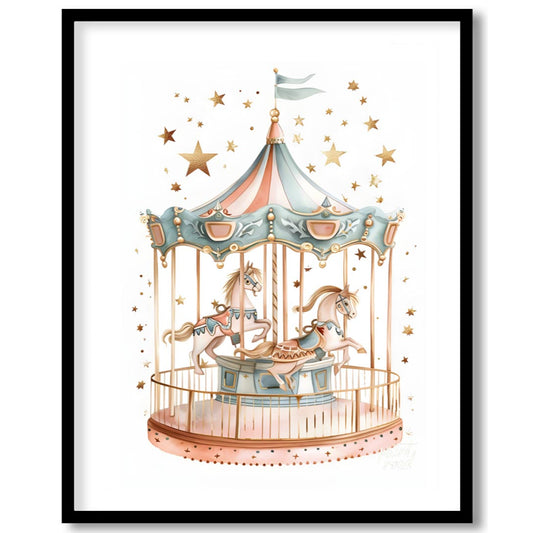 This enchanting illustration showcases a beautifully detailed carousel, complete with two gracefull… for abode