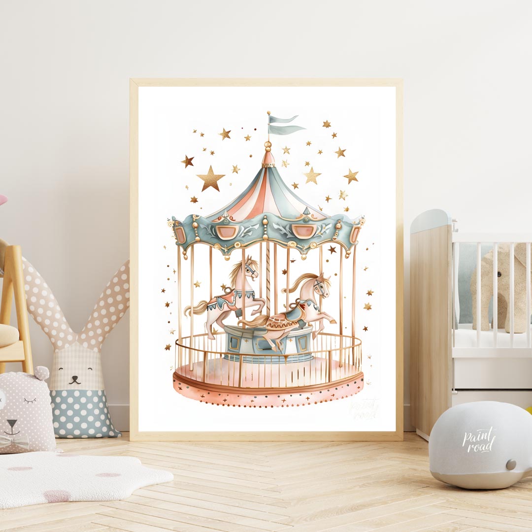 This enchanting illustration showcases a beautifully detailed carousel, complete with two gracefull… for nursery