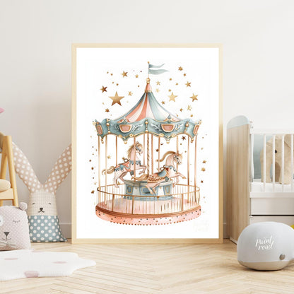 This enchanting illustration showcases a beautifully detailed carousel, complete with two gracefull… for nursery