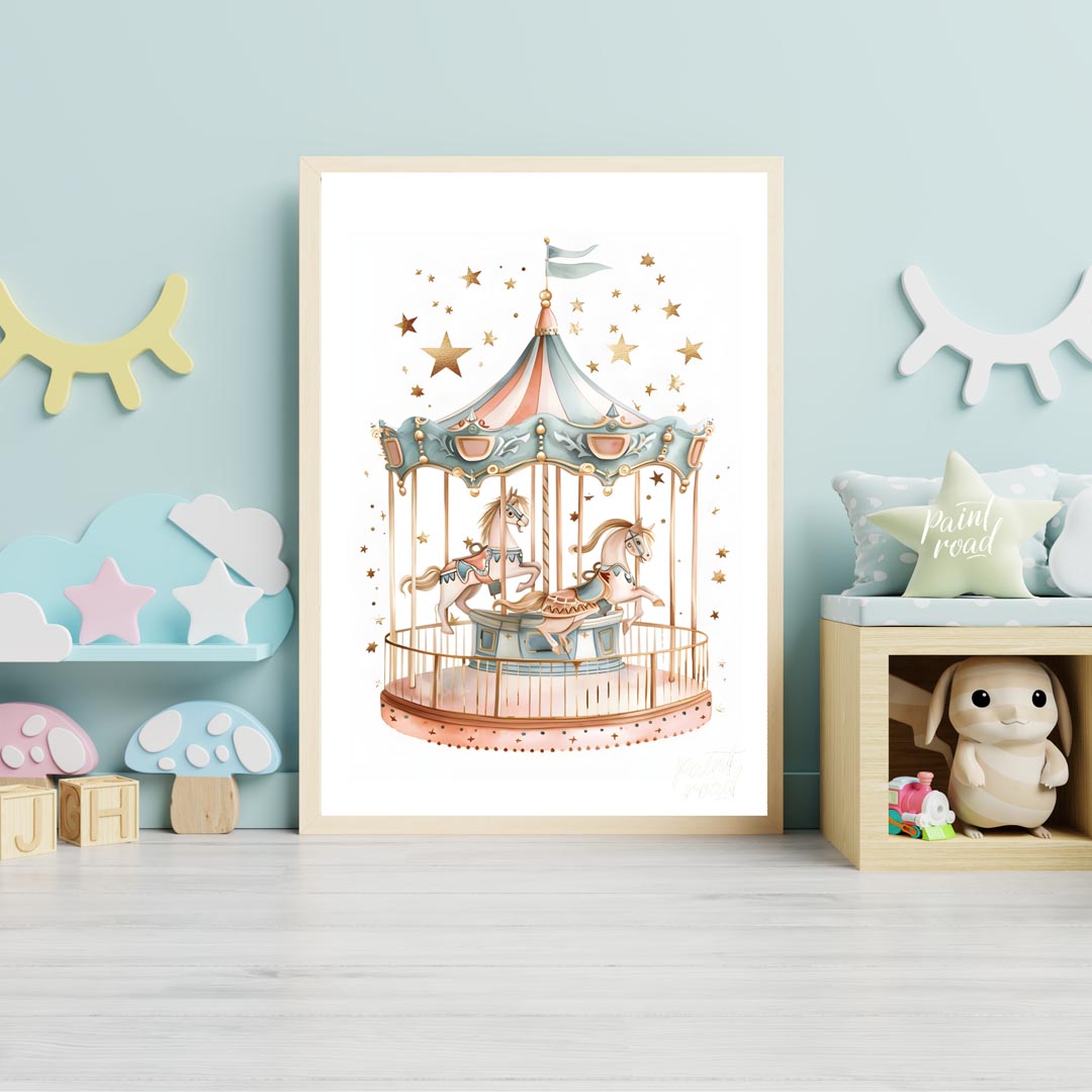 This enchanting illustration showcases a beautifully detailed carousel, complete with two gracefull… for nursery