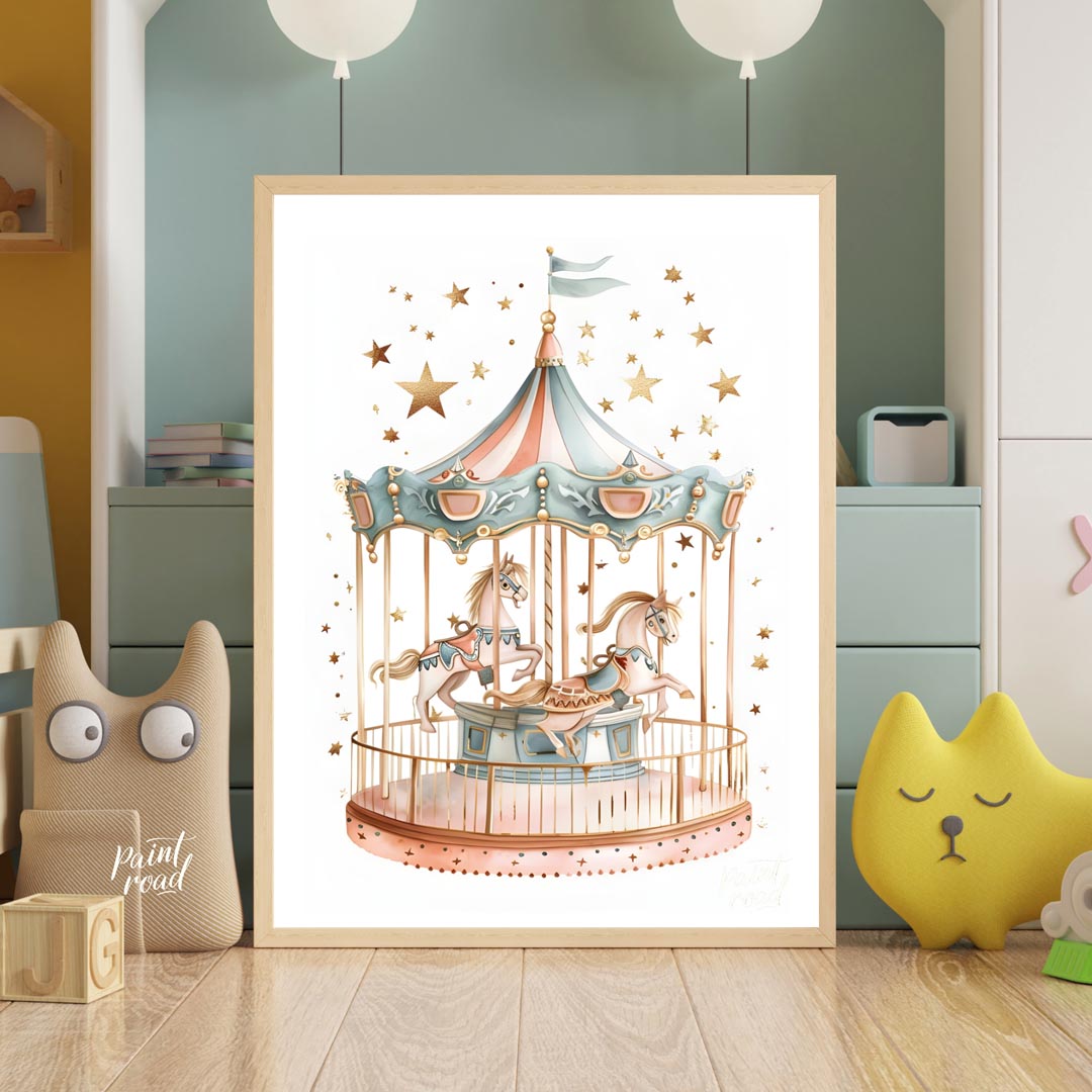This enchanting illustration showcases a beautifully detailed carousel, complete with two gracefull… for nursery