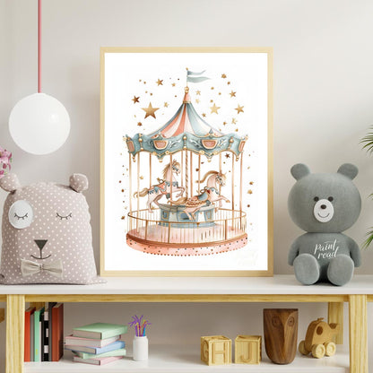 This enchanting illustration showcases a beautifully detailed carousel, complete with two gracefull… for nursery