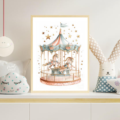 This enchanting illustration showcases a beautifully detailed carousel, complete with two gracefull… for nursery