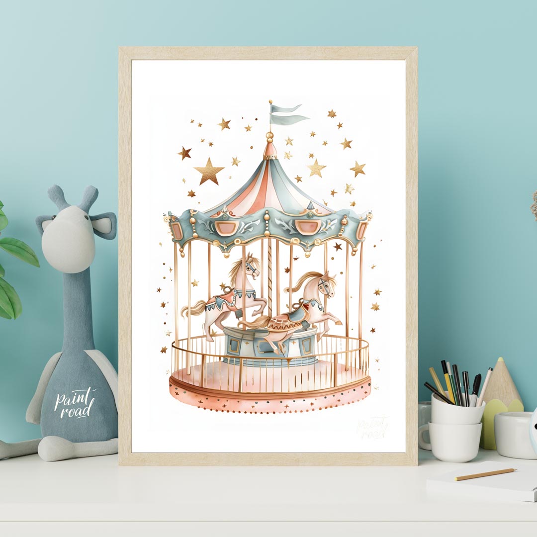 This enchanting illustration showcases a beautifully detailed carousel, complete with two gracefull… for nursery