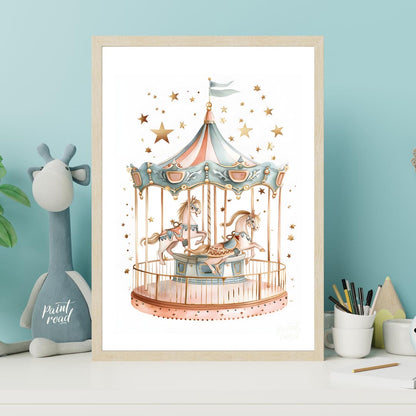 This enchanting illustration showcases a beautifully detailed carousel, complete with two gracefull… for nursery