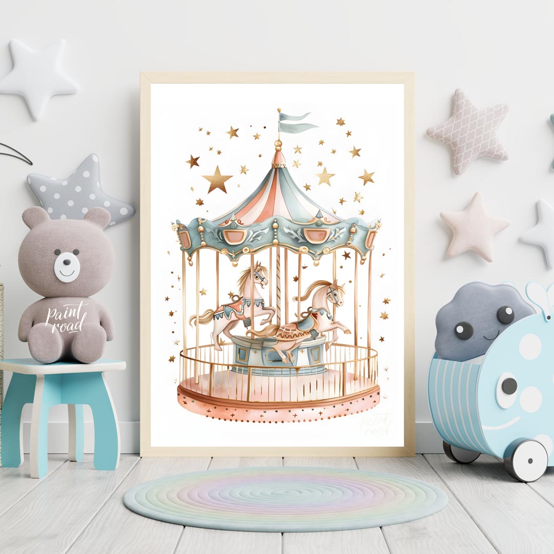 This enchanting illustration showcases a beautifully detailed carousel, complete with two gracefull… for nursery