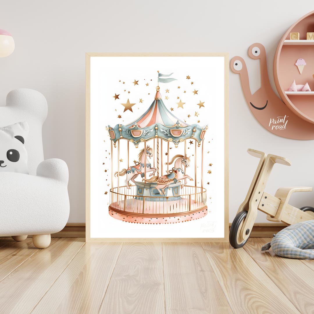 This enchanting illustration showcases a beautifully detailed carousel, complete with two gracefull… for nursery