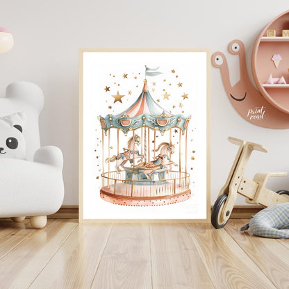 This enchanting illustration showcases a beautifully detailed carousel, complete with two gracefull… for nursery