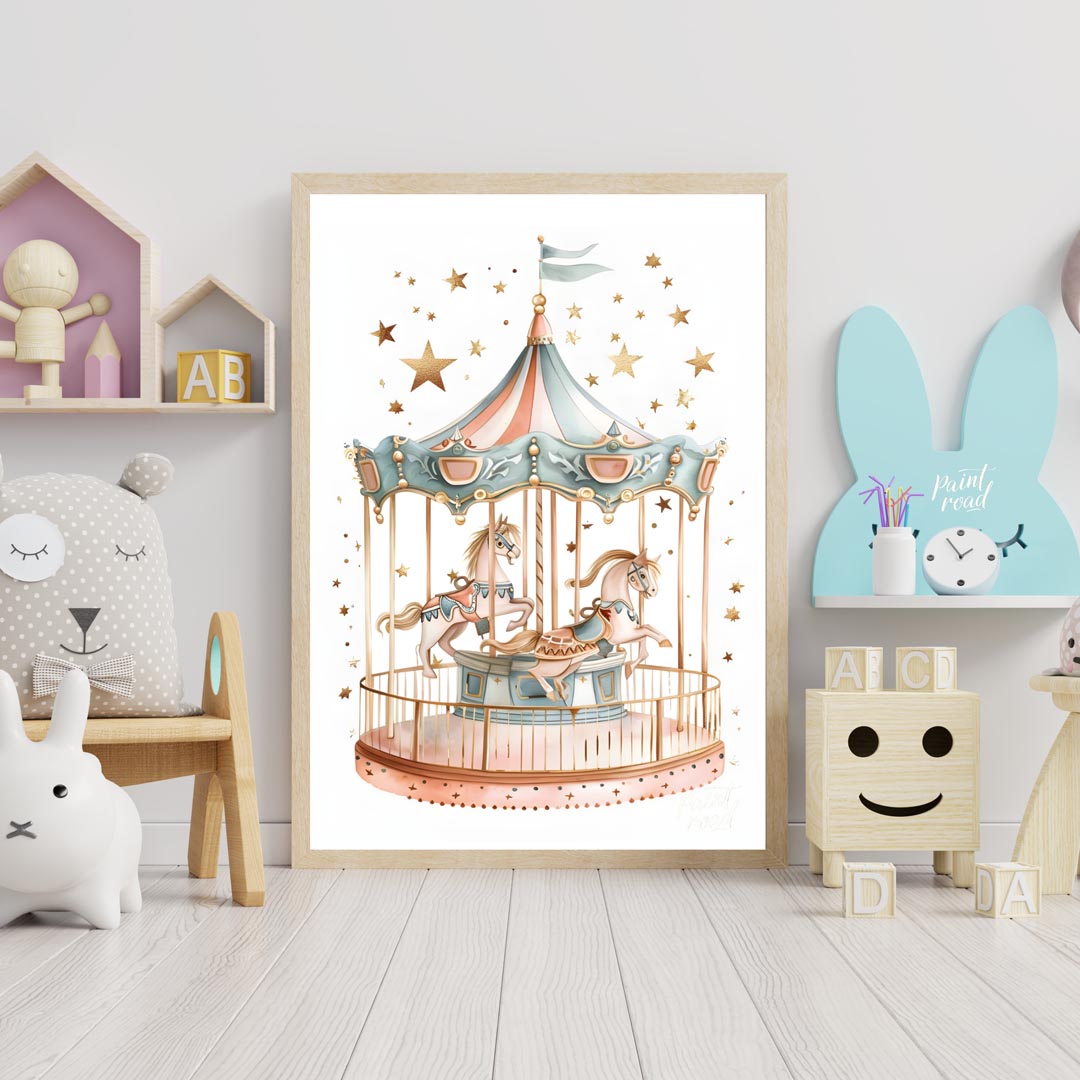 This enchanting illustration showcases a beautifully detailed carousel, complete with two gracefull… for nursery
