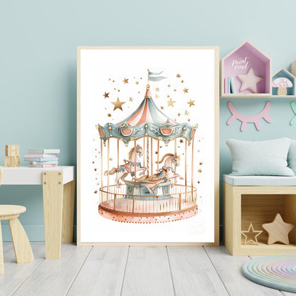This enchanting illustration showcases a beautifully detailed carousel, complete with two gracefull… for nursery