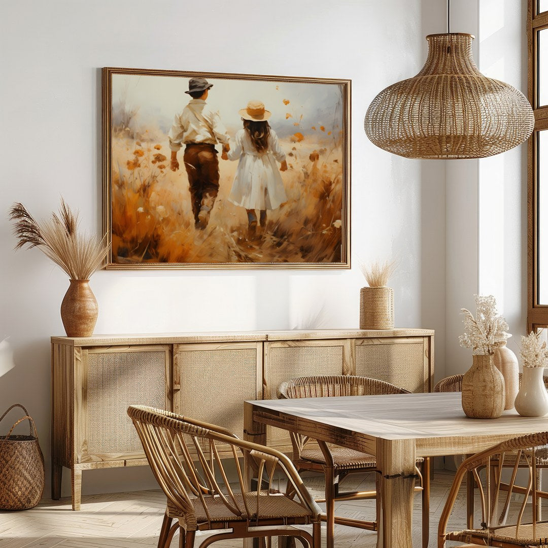 Capture the serene beauty of an autumn stroll with this stunning artwork. Featuring a couple for Dining