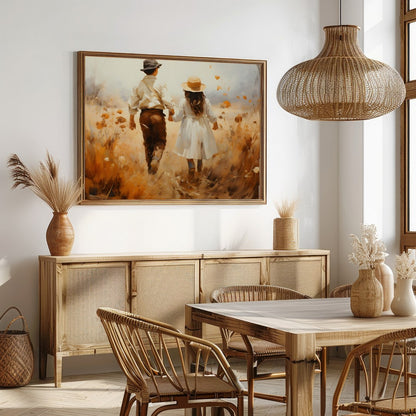 Capture the serene beauty of an autumn stroll with this stunning artwork. Featuring a couple for Dining