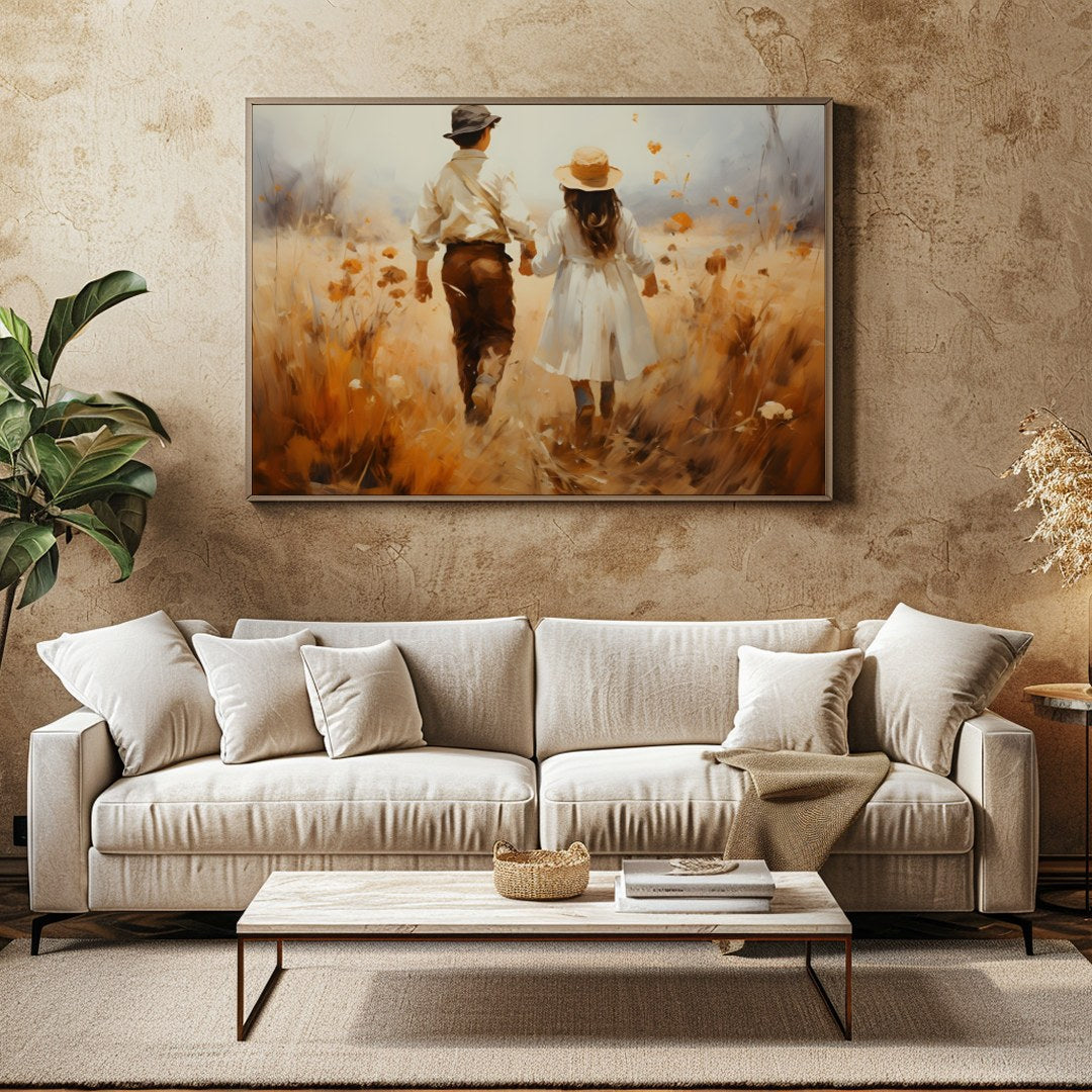 Capture the serene beauty of an autumn stroll with this stunning artwork. Featuring a couple for Family Room