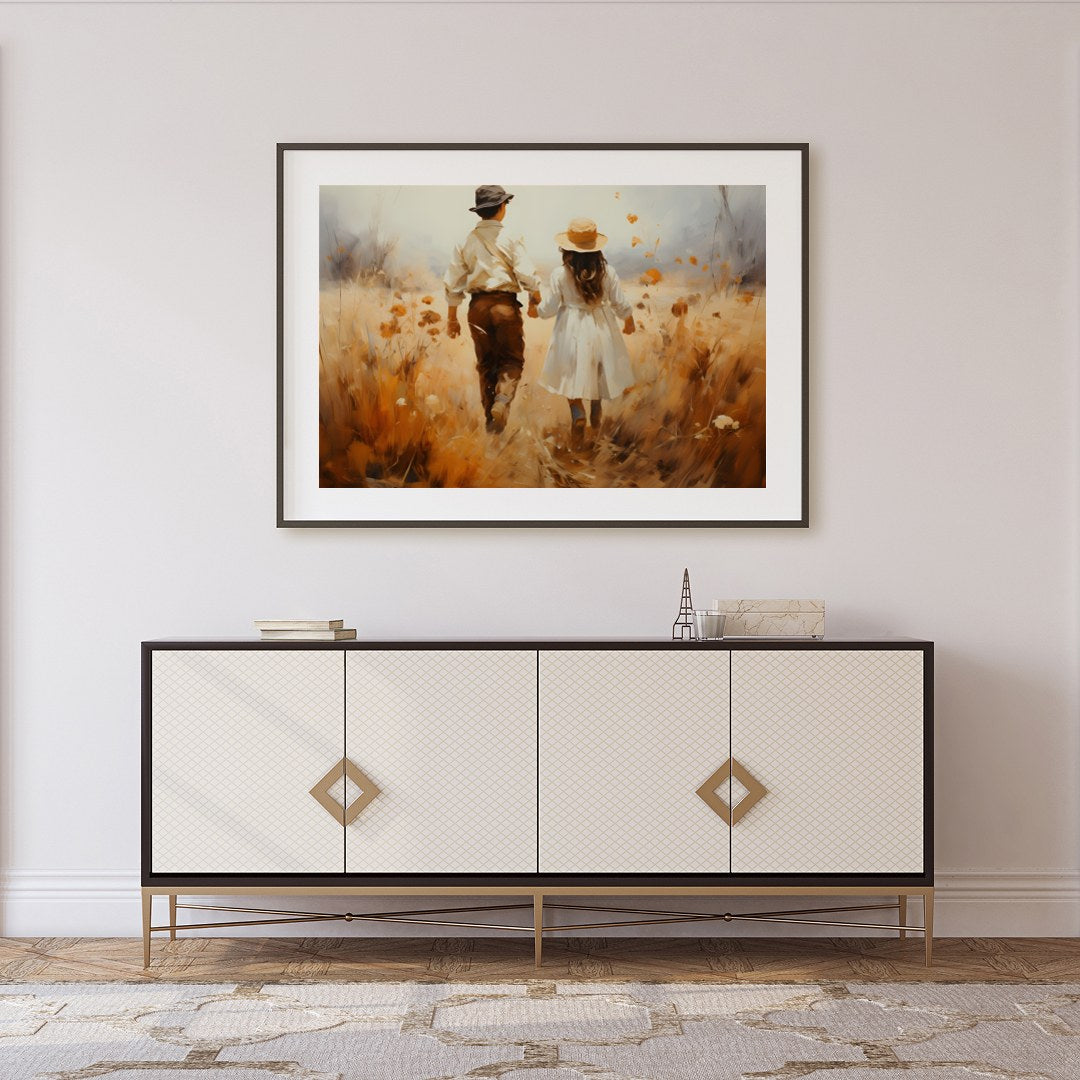 Capture the serene beauty of an autumn stroll with this stunning artwork. Featuring a couple for Foyer
