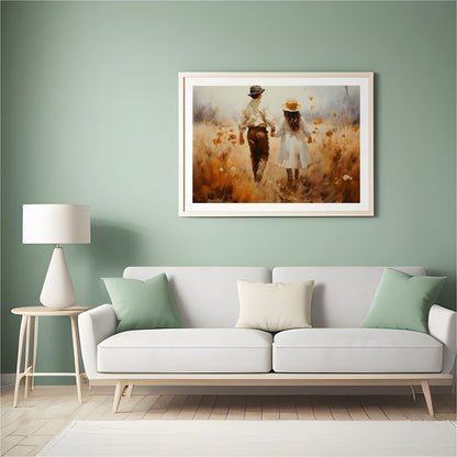 Capture the serene beauty of an autumn stroll with this stunning artwork. Featuring a couple for Hall