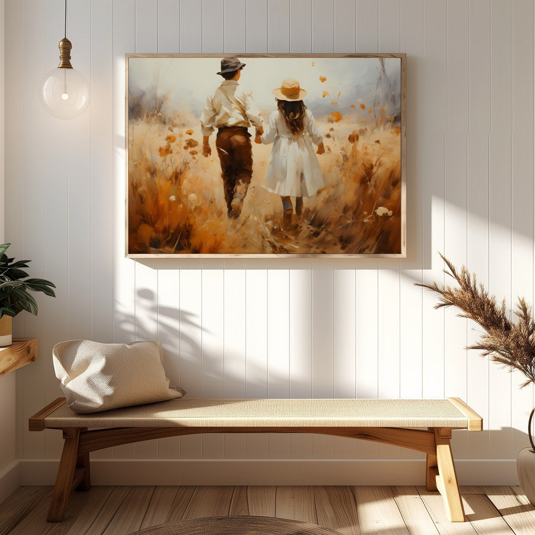 Capture the serene beauty of an autumn stroll with this stunning artwork. Featuring a couple for Hallway