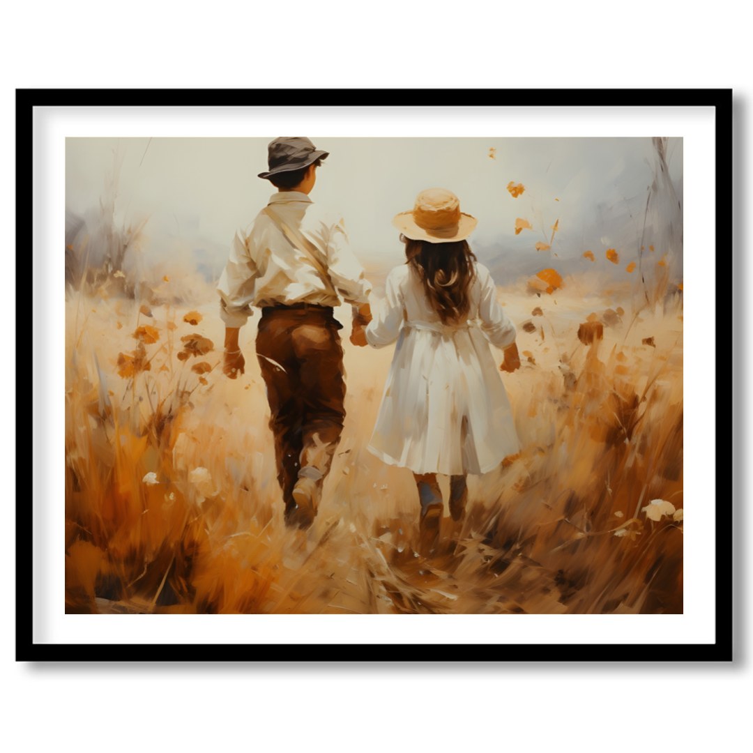 Capture the serene beauty of an autumn stroll with this stunning artwork. Featuring a couple for retreat