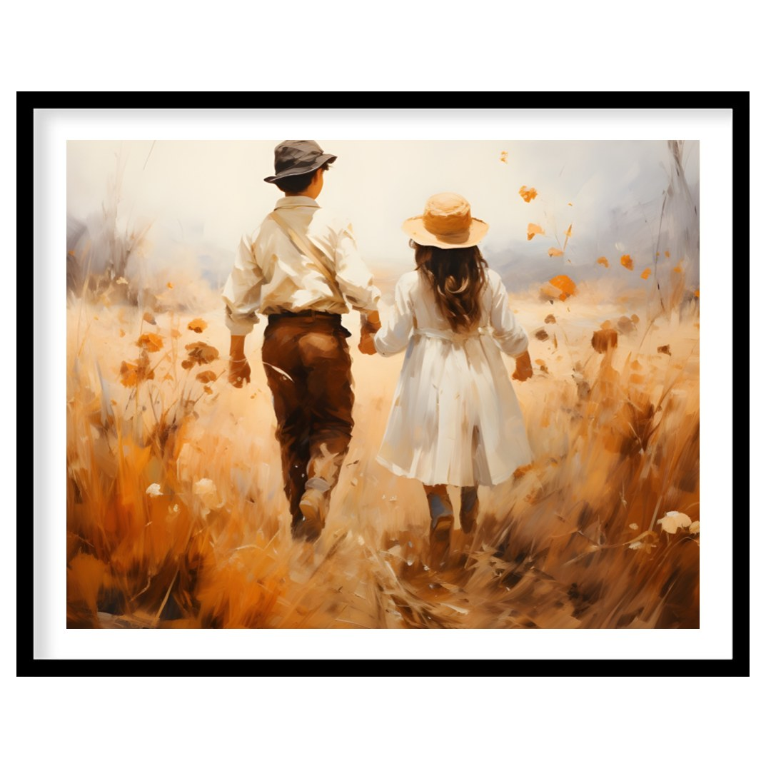 Capture the serene beauty of an autumn stroll with this stunning artwork. Featuring a couple for retreat