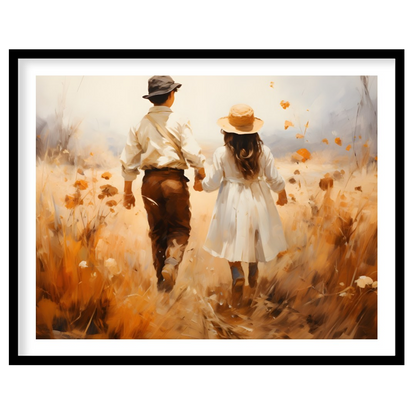 Capture the serene beauty of an autumn stroll with this stunning artwork. Featuring a couple for retreat