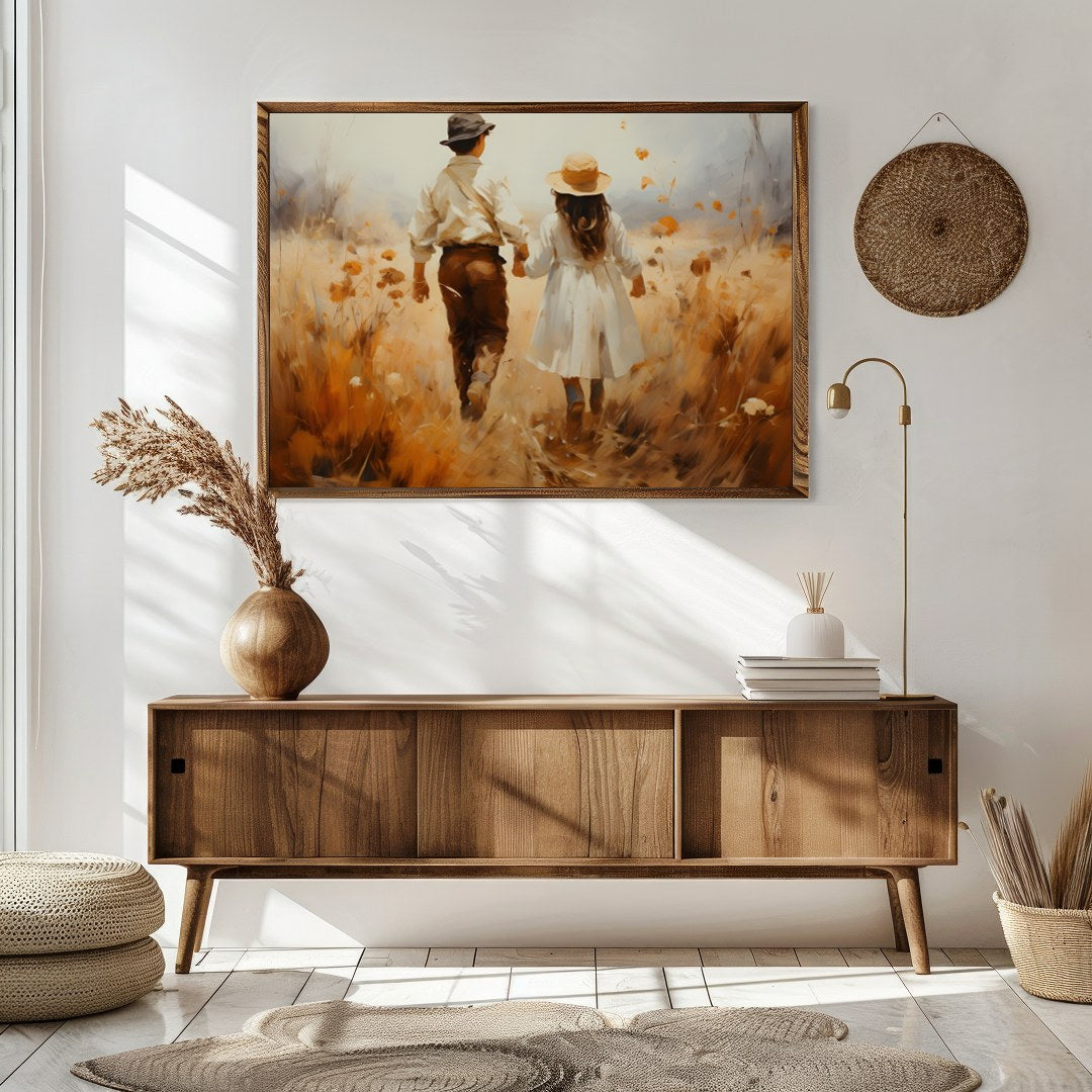 Capture the serene beauty of an autumn stroll with this stunning artwork. Featuring a couple for Sitting Area