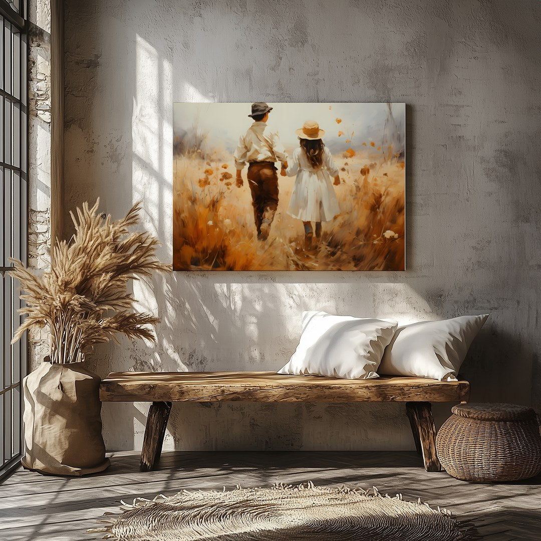Capture the serene beauty of an autumn stroll with this stunning artwork. Featuring a couple for Veranda