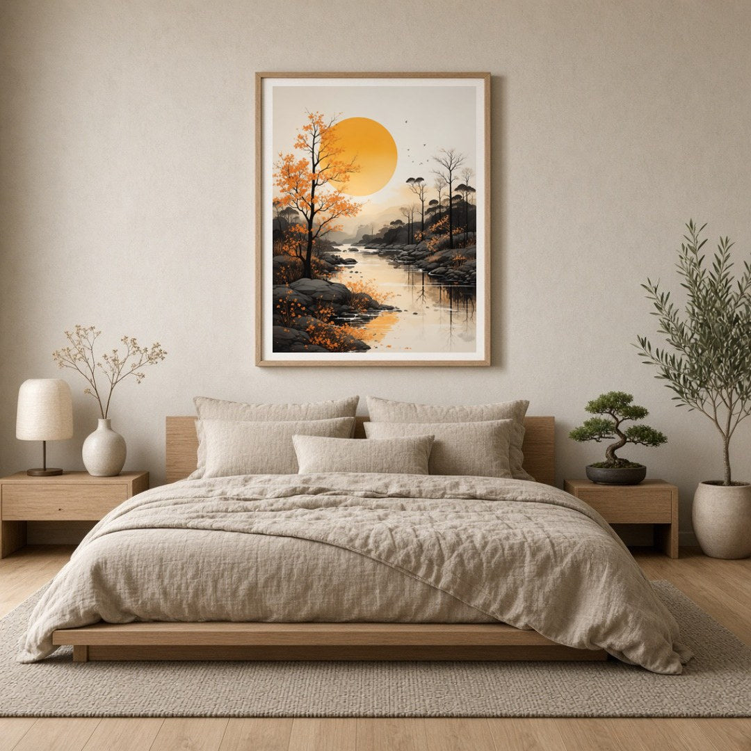 Immerse yourself in the tranquil beauty of this serene river landscape captured in stunning detail. for Bedroom