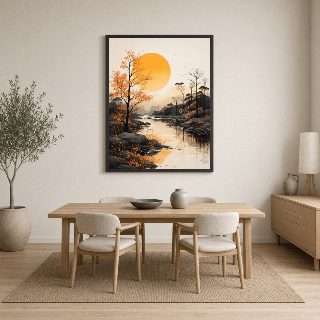 Immerse yourself in the tranquil beauty of this serene river landscape captured in stunning detail. for Dining