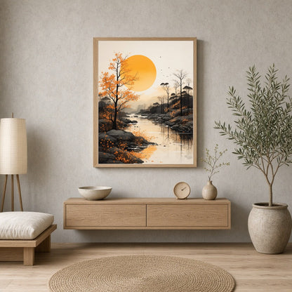 Immerse yourself in the tranquil beauty of this serene river landscape captured in stunning detail. for Entrance