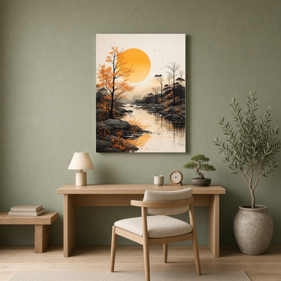 Immerse yourself in the tranquil beauty of this serene river landscape captured in stunning detail. for Home Office