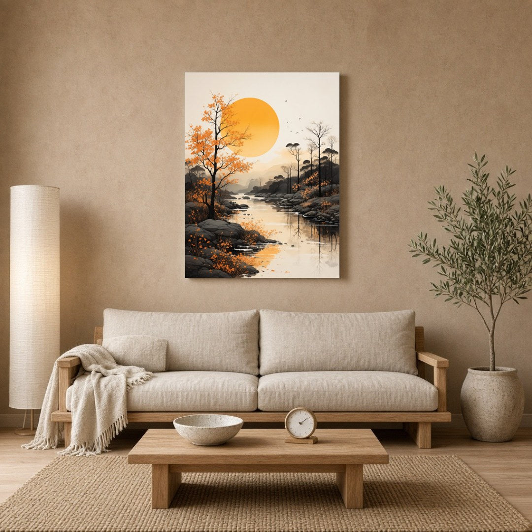 Immerse yourself in the tranquil beauty of this serene river landscape captured in stunning detail. for Living Room
