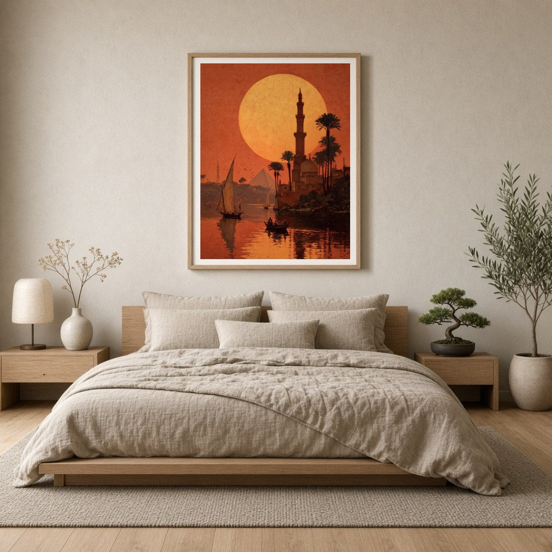 Bask in the mesmerizing glow of a golden Egyptian sunset with this captivating art print. The for Bedroom