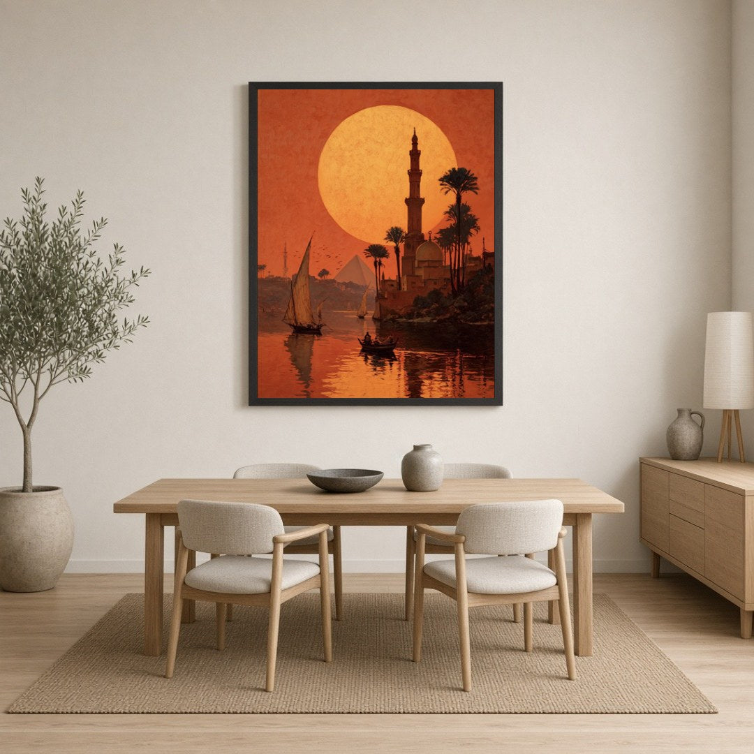 Bask in the mesmerizing glow of a golden Egyptian sunset with this captivating art print. The for Dining