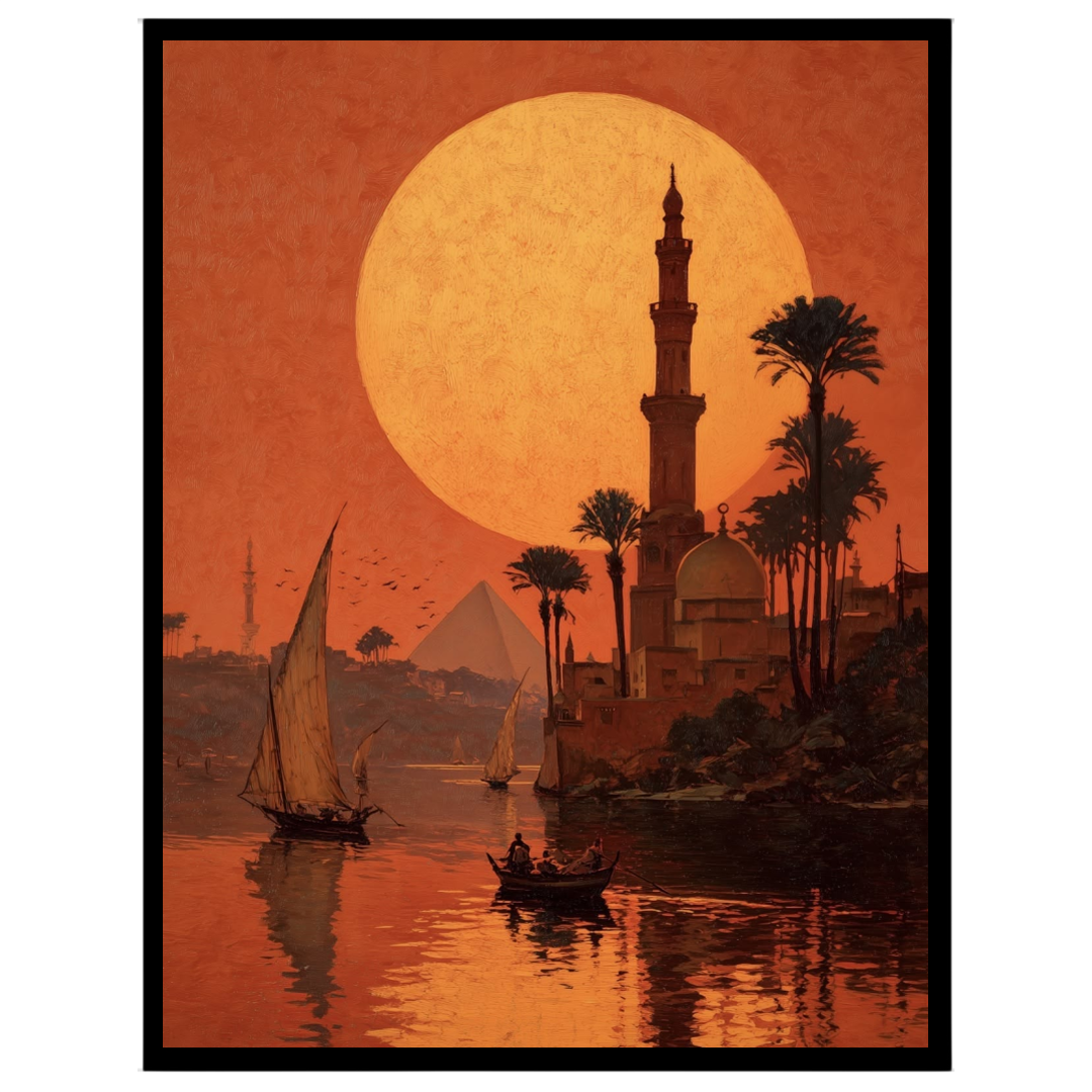Bask in the mesmerizing glow of a golden Egyptian sunset with this captivating art print. The for haven