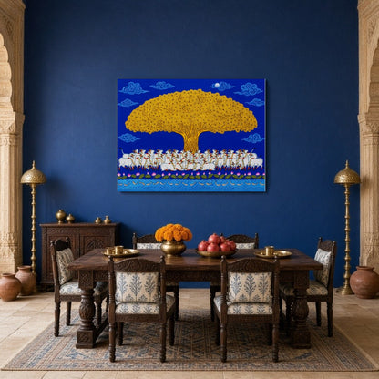 Elevate your living space with this striking Pichwai artwork, showcasing a grand Golden Tree of for Dining