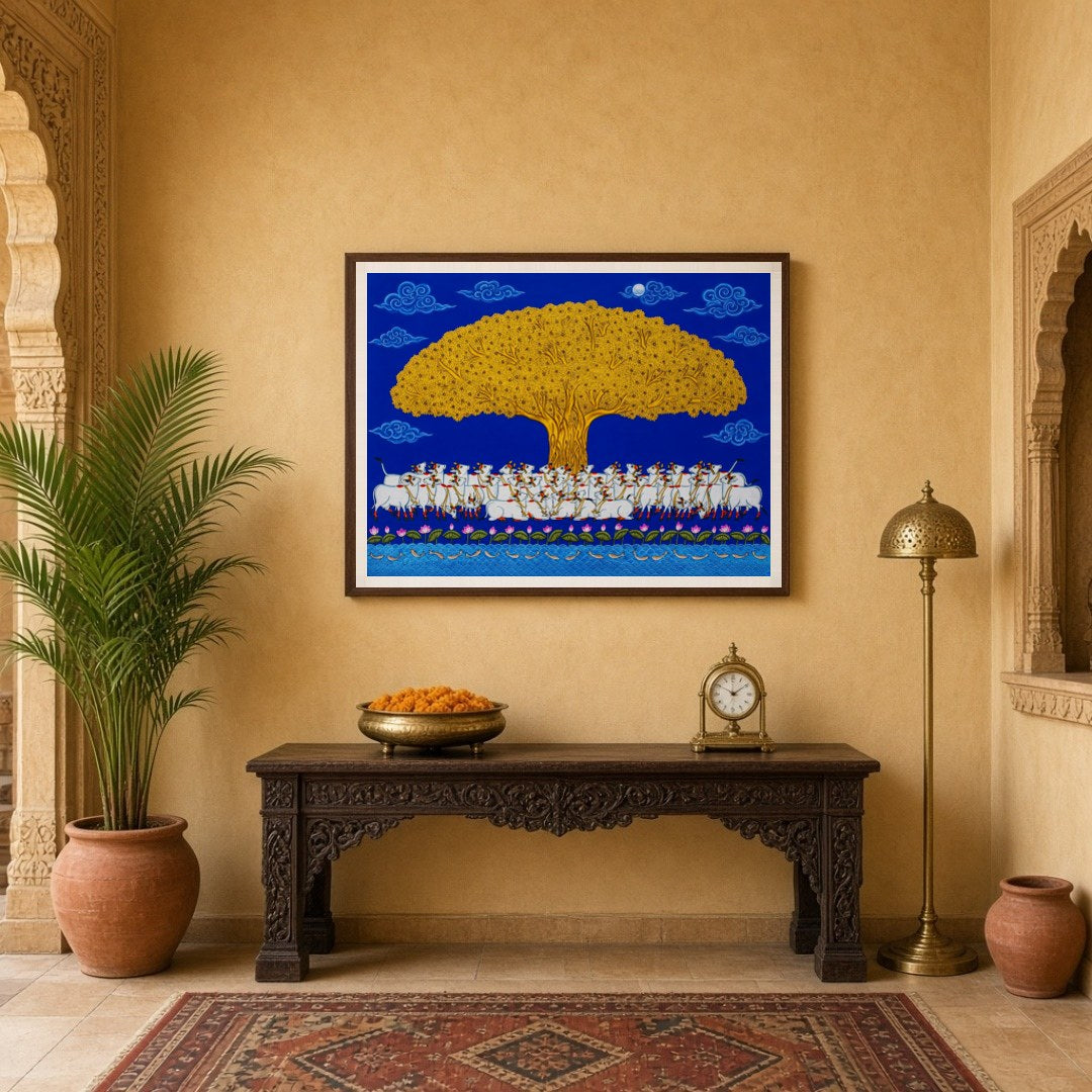 Elevate your living space with this striking Pichwai artwork, showcasing a grand Golden Tree of for Entrance