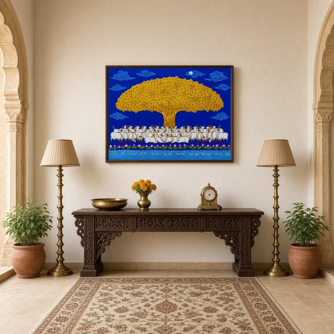 Elevate your living space with this striking Pichwai artwork, showcasing a grand Golden Tree of for Hallway