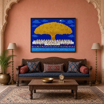 Elevate your living space with this striking Pichwai artwork, showcasing a grand Golden Tree of for Living Room